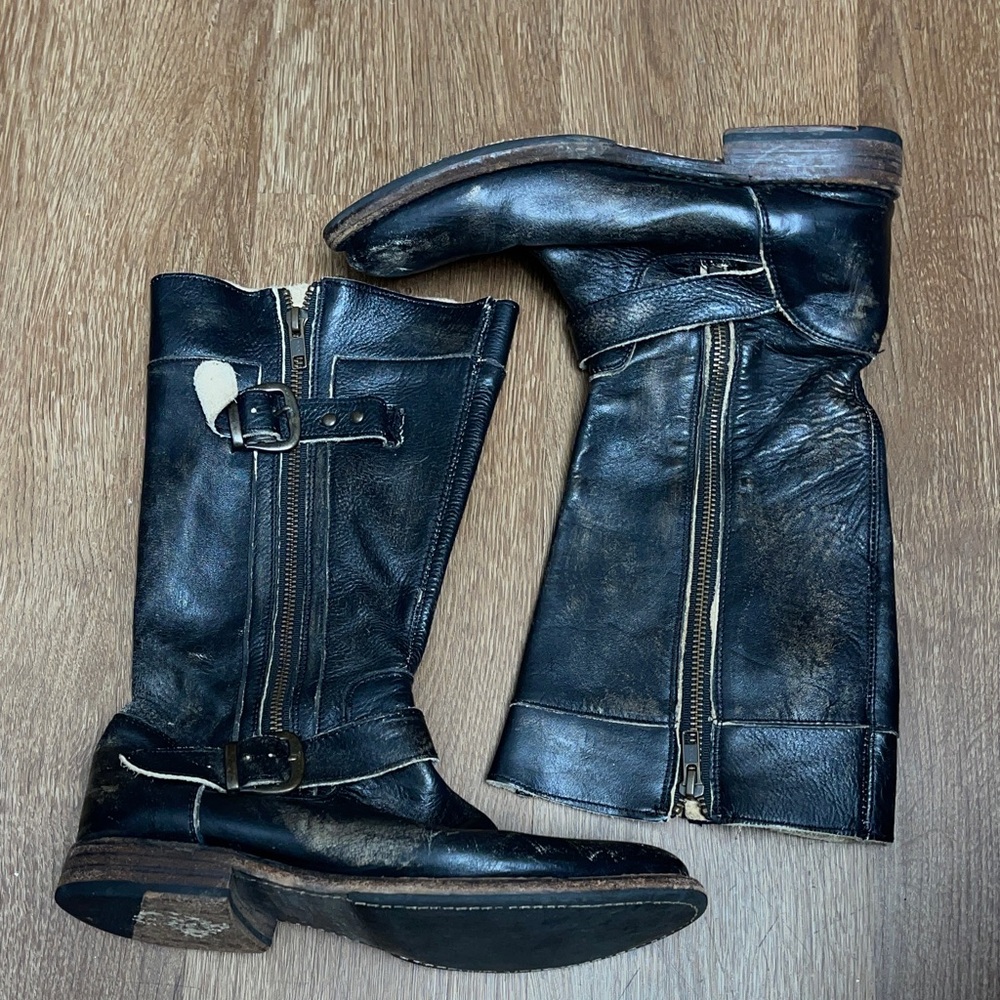 Bed Stu Gogo Lug boot women 7 engineer leather moto buckle dual zippers Black - Picture 3 of 8